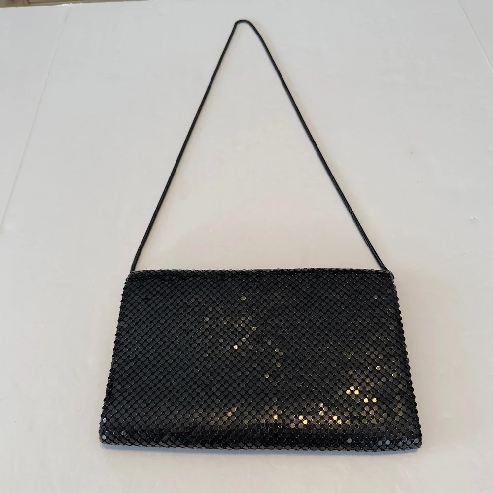Vintage Black Metal Mesh Evening Bag Gold Trim Snake Chain Clutch‎